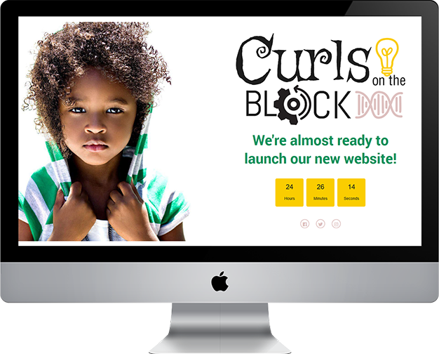 Curls On The Block coming soon website desktop screenshot.